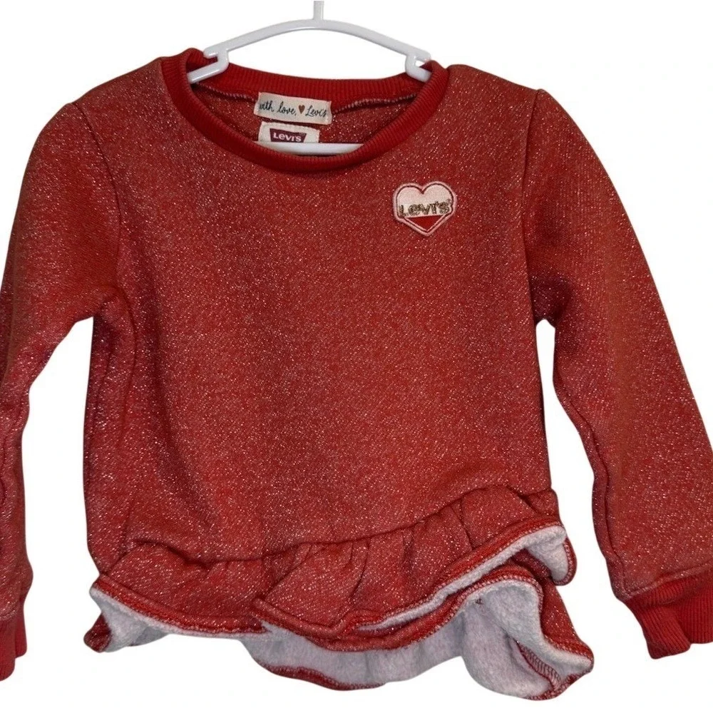 Kids Levi's Red Sparkle Heart Ruffle Sweater & Jeans Outfit Set Size 2T Playwear